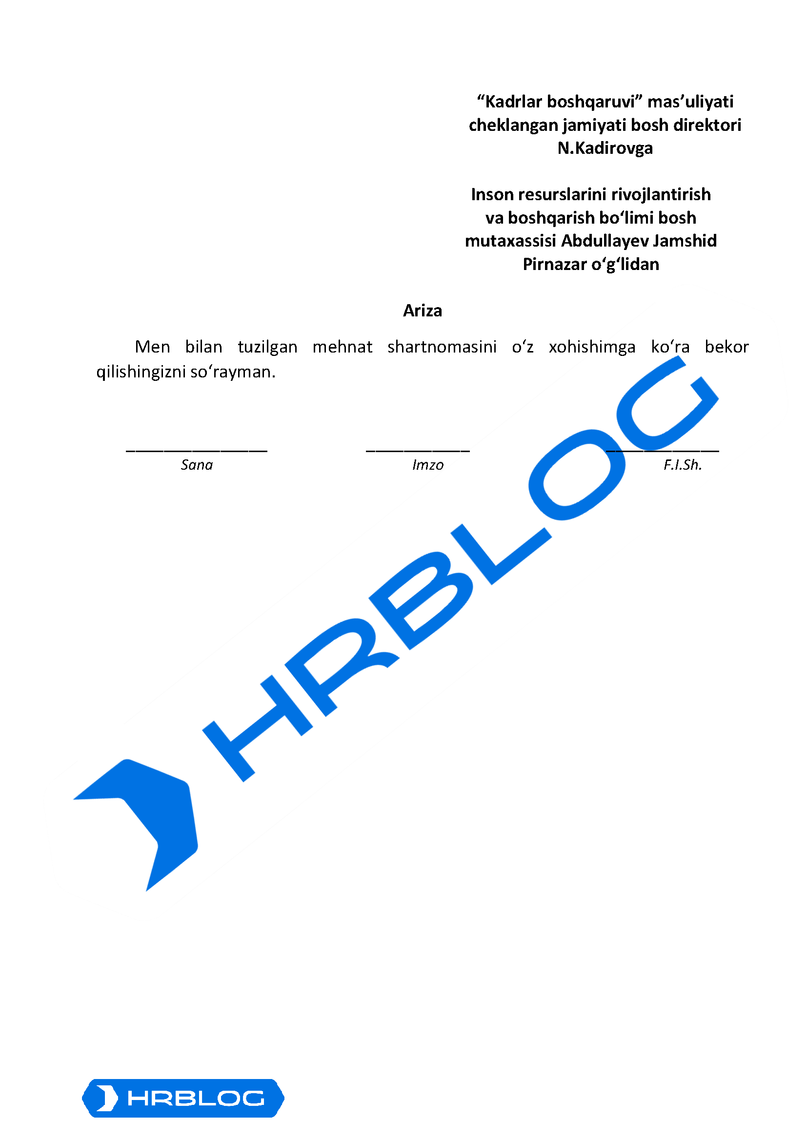 Ariza (xodim tashabbusiga ko'ra mehnat shartnomasini bekor qilish)