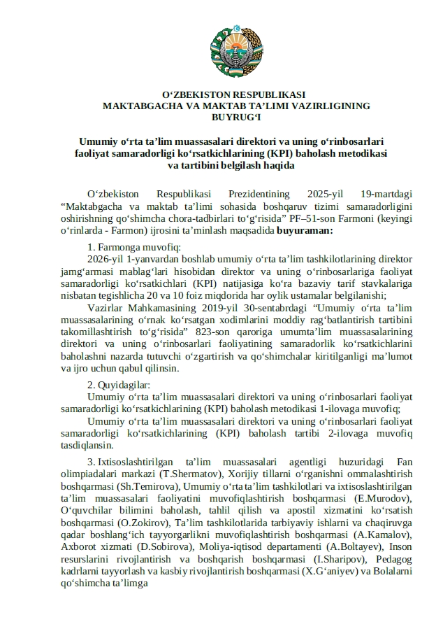 Umumiy o‘rta ta’lim muassasalari direktori va uning o‘rinbosarlari faoliyat samaradorligi ko‘rsatkichlarini (KPI) baholash metodikasi va tartibini belgilash haqida (478-son)