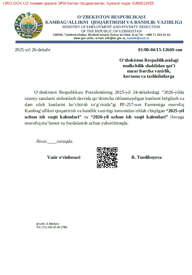 2025-2026-yillar uchun ish vaqti kalendari